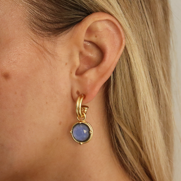 Double-Rim Gem Charm Hoop Earrings - 24K Gold Plated-Blue Hand Home