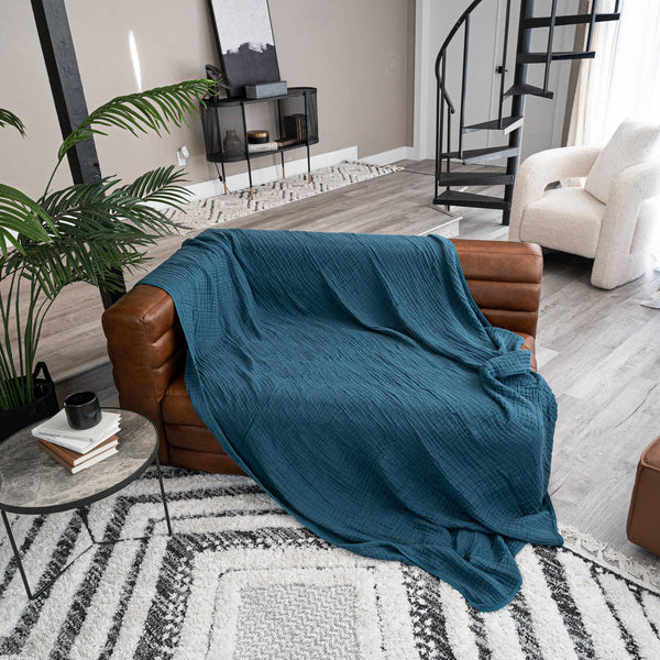 Muslin Blanket for Adults, 6-Layer Bedding by Comfy Cubs-Blue Hand Home