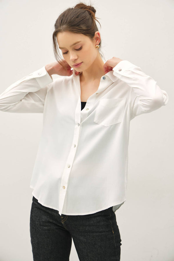 CLASSIC CUT BUTTON UP LONG SLEEVE TOP-Blue Hand Home