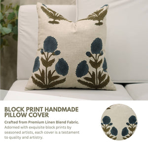 Bohemian Block Print Linen Blend Pillow Cover - Badshah-Blue Hand Home
