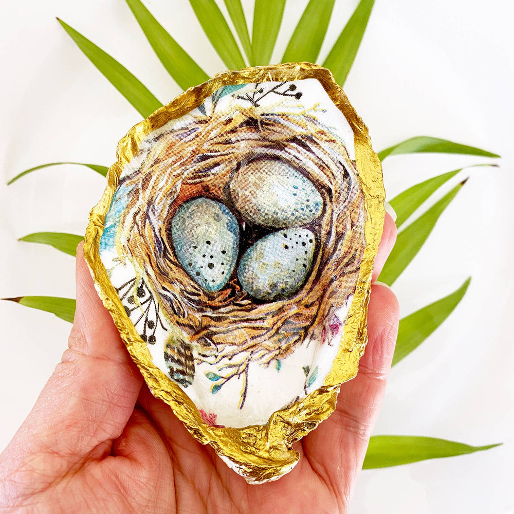 Robin's Egg Decoupage Oyster Shell Trinket Ring Dish-Blue Hand Home