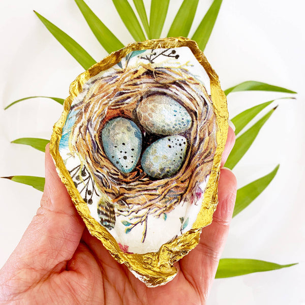 Robin's Egg Decoupage Oyster Shell Trinket Ring Dish-Blue Hand Home