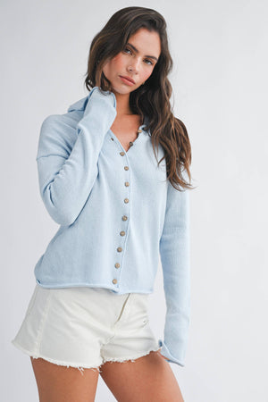 5221HK Button Front Cropped Knit Cardigan-Blue Hand Home