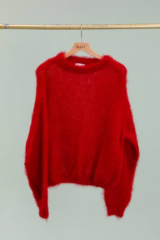 Round neck long sleeve sweater in 80% kid mohair: Kaki / One size-Blue Hand Home