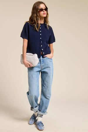 Short Sleeve Button Down Cardigan Top-Blue Hand Home