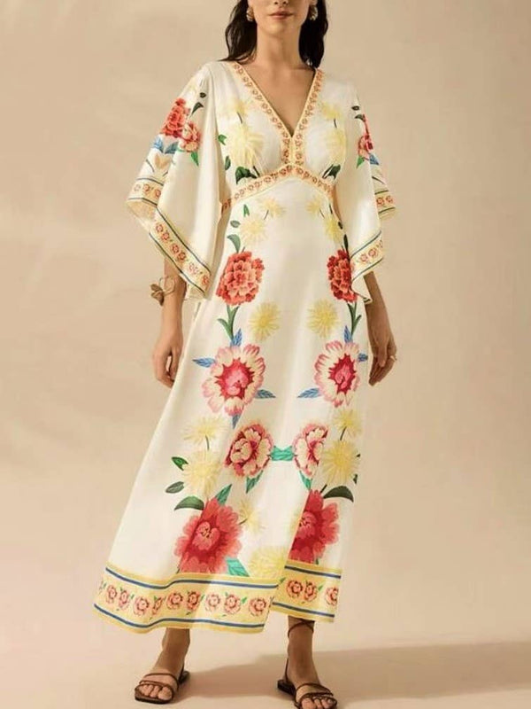 Exotic Tropical/ Floral Flair V-Neck Bell Sleeve Dress-Blue Hand Home