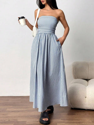 Effortless vibe Pinstripe strapless A-line skirt maxi dress-Blue Hand Home