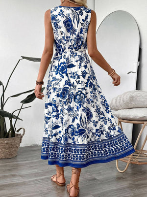 Vintage Holiday Floral Print Vest Dress-Blue Hand Home
