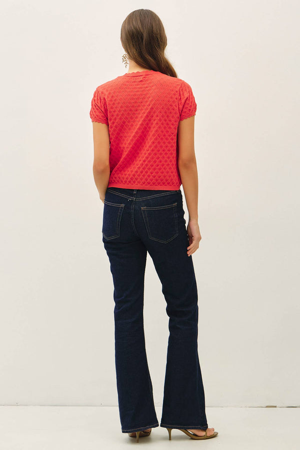 POINTELLE STITCH SHORT SLEEVE CARDIGAN-Blue Hand Home