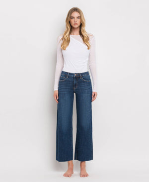 TUMMY CONTROL MID RISE DARK WASH WIDE LEG JEANS LV1311-Blue Hand Home
