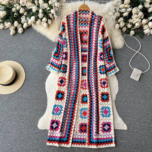 BOHO Color Blocks Crochet Cardigan long maxi cover-up-Blue Hand Home