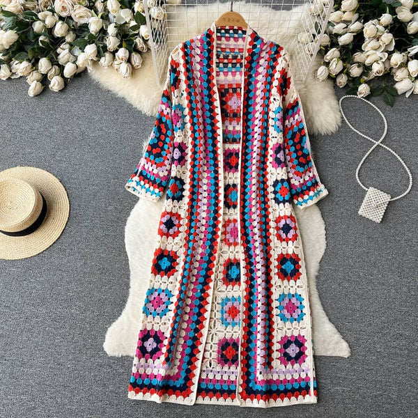 BOHO Color Blocks Crochet Cardigan long maxi cover-up-Blue Hand Home