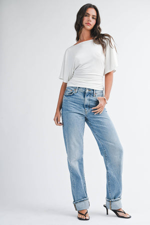 8654hk Draped Short Sleeve Back Tie Top Tee