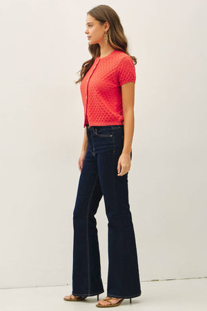 POINTELLE STITCH SHORT SLEEVE CARDIGAN-Blue Hand Home