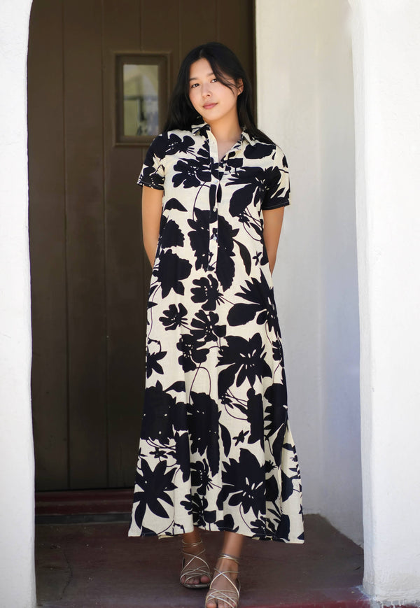 Carrie Cotton Dress Black Ivory-Blue Hand Home