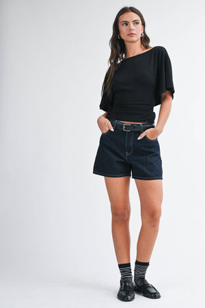 8654hk Draped Short Sleeve Back Tie Top Tee