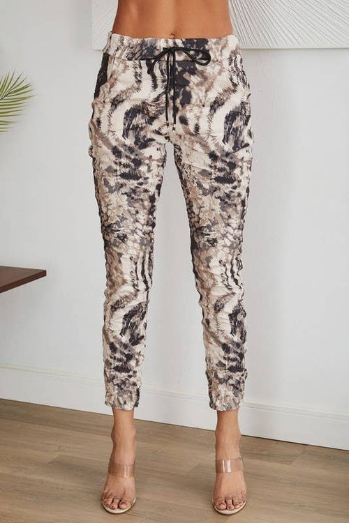 TIGER PRINT DRAWSTRING CRINKLE JOGGERS (21564-TIGER)-Blue Hand Home