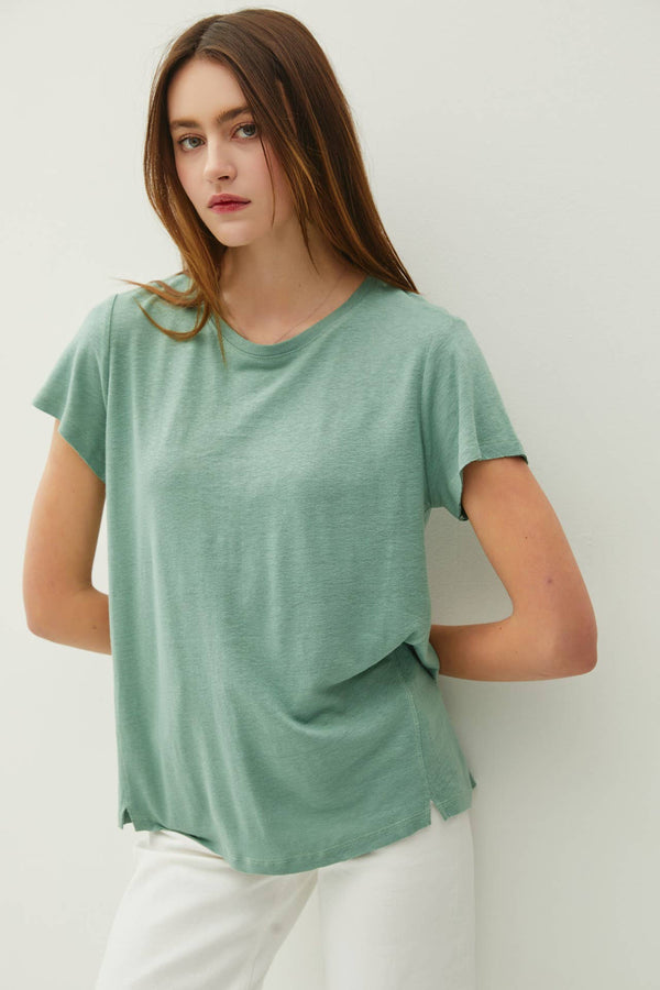 Classic Round Neck Split Hem T-Shirt-Blue Hand Home