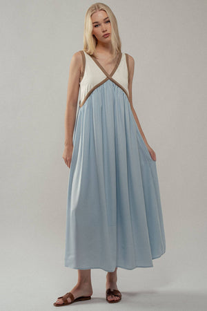 Contrast Piping Empire Waist Dress-Blue Hand Home