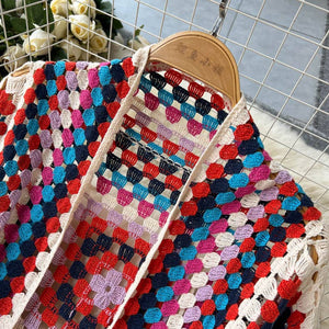 BOHO Color Blocks Crochet Cardigan long maxi cover-up-Blue Hand Home