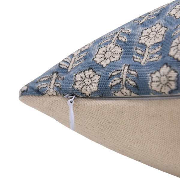 Stylish Block Printed Duck Canvas Pillow Cover - Tulsi Buti-Blue Hand Home