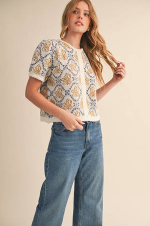 FLORAL SHORT SLEEVE SWEATER CARDIGAN MSW11258-Blue Hand Home