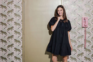 Bubble Sleeve Crochet Lace Babydoll Dress-Blue Hand Home