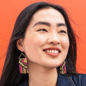 Paige Ascending Diamond Beaded Fringe Earrings Jewel Tone Wholesale-Blue Hand Home