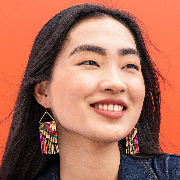 Paige Ascending Diamond Beaded Fringe Earrings Jewel Tone Wholesale-Blue Hand Home