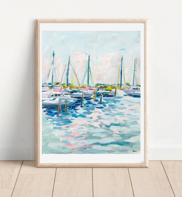 Sailboats Print on Paper, "Marina at Dusk"-Blue Hand Home