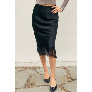 Dull Satin Lace Hem Pencil Skirt-Blue Hand Home