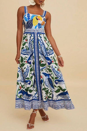 Boho Tropical Birdie Blue Floral Print Strappy Flare Dress-Blue Hand Home