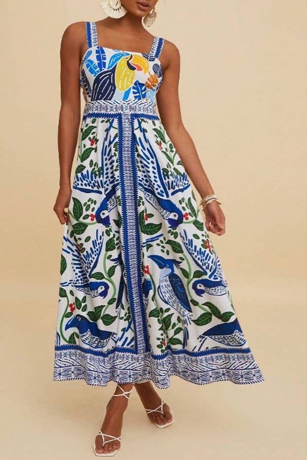 Boho Tropical Birdie Blue Floral Print Strappy Flare Dress-Blue Hand Home