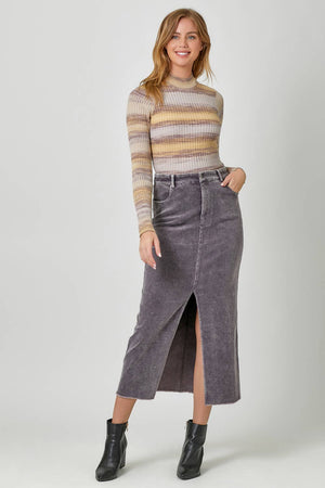 60742 Washed Front Slit Corduroy Skirt-Blue Hand Home