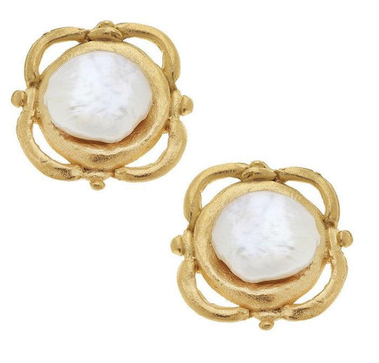 Handcast Gold & Coin Pearl Clip Earrings