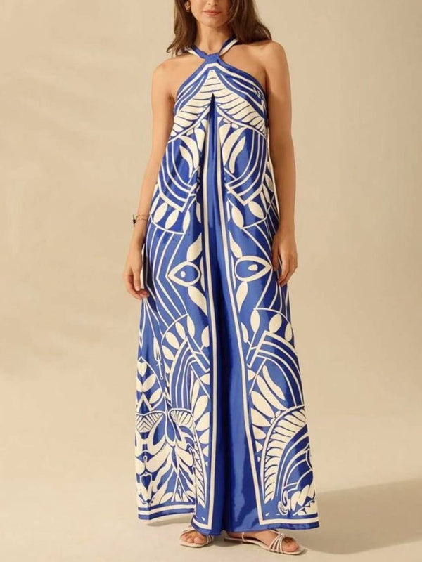 Vacation Palm Tree Tropical Prints Halter Jumpsuit-Blue Hand Home