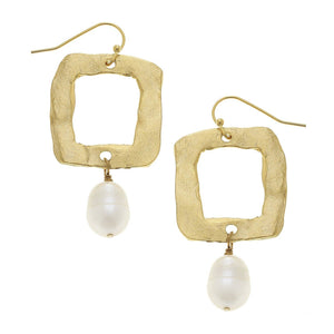 Open Square & Pearl Drop Earrings
