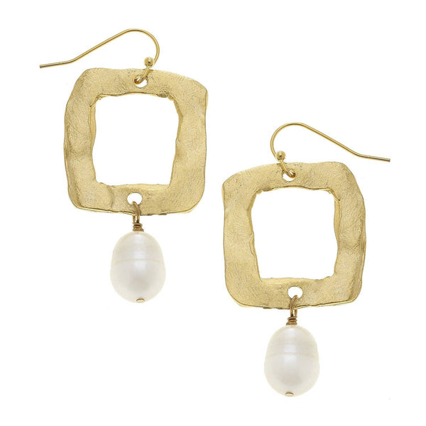 Open Square & Pearl Drop Earrings