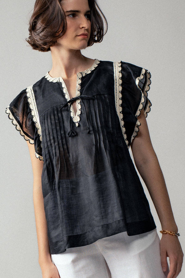 Vintage Lace Flutter Sleeve Woven Top-Blue Hand Home