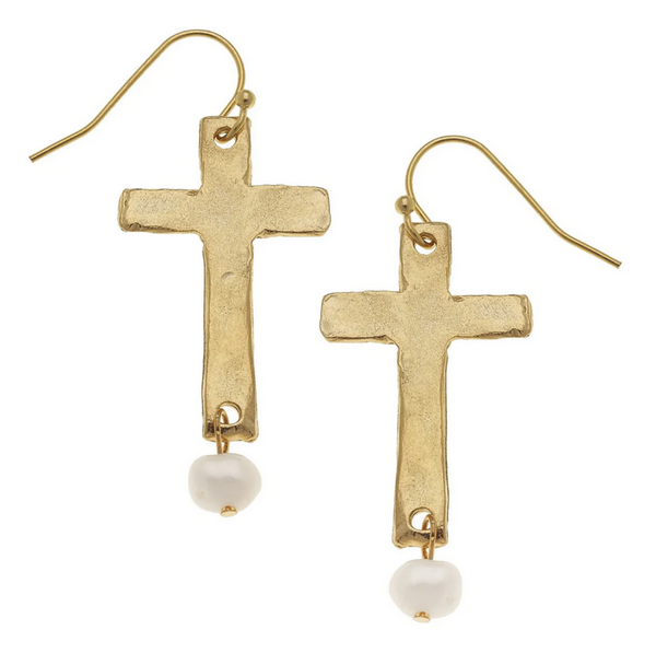 Cross + Pearl Drop Earrings-Blue Hand Home