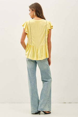 TIE FRONT RUFFLE SLEEVE TOP-Blue Hand Home