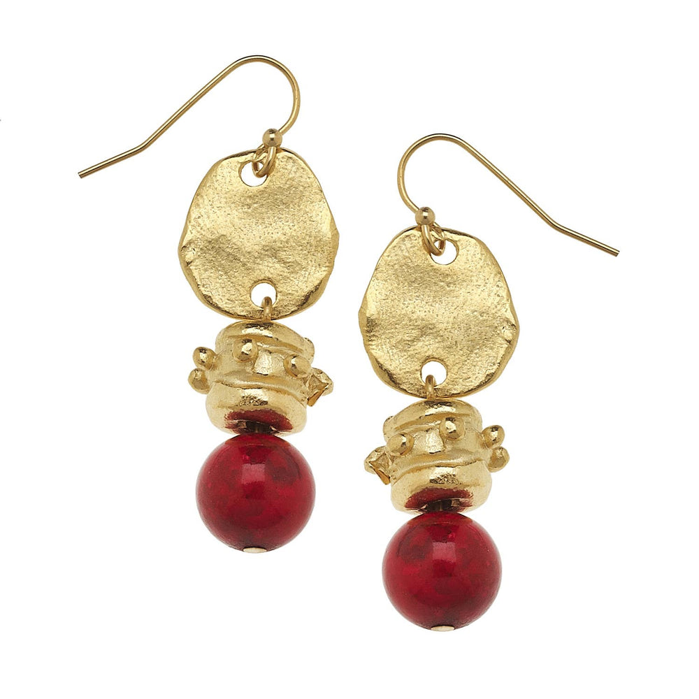 Gold Oval and Red Coral Earrings-Blue Hand Home
