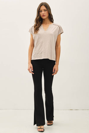 Garment Dye Oversize Cut Split-V Cotton Slub Tee-Blue Hand Home