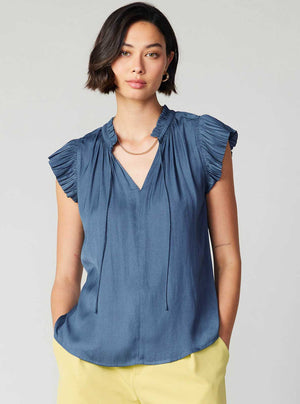 Margot Pleated Sleeve Blouse-Blue Hand Home