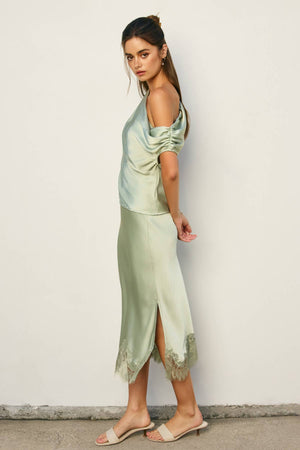 Dull Satin Lace Hem Pencil Skirt-Blue Hand Home