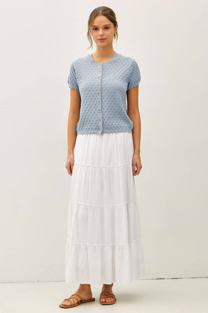 POINTELLE STITCH SHORT SLEEVE CARDIGAN-Blue Hand Home