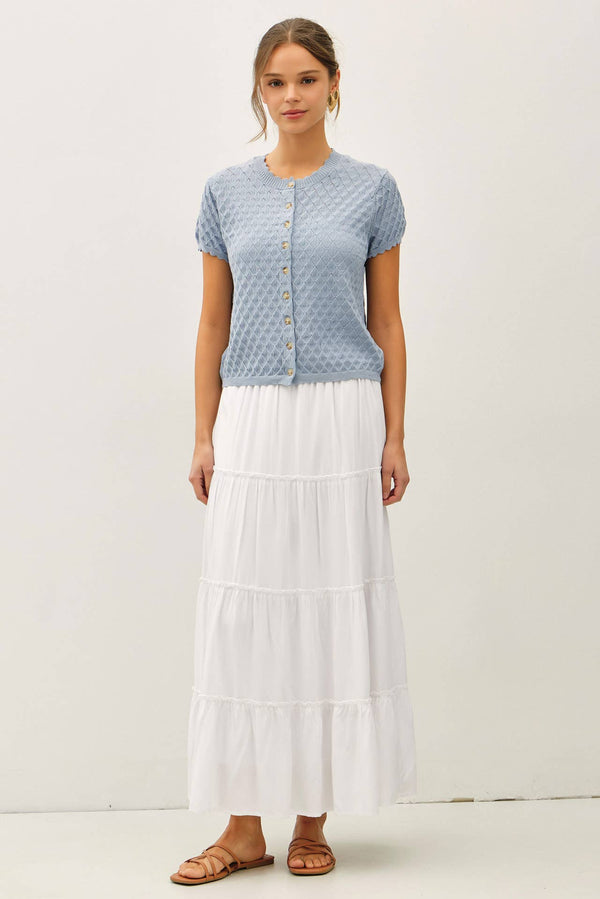 POINTELLE STITCH SHORT SLEEVE CARDIGAN-Blue Hand Home