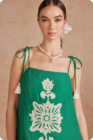 Floral Embroidered Sleeveless Tassel Tie Strap Midi Dress