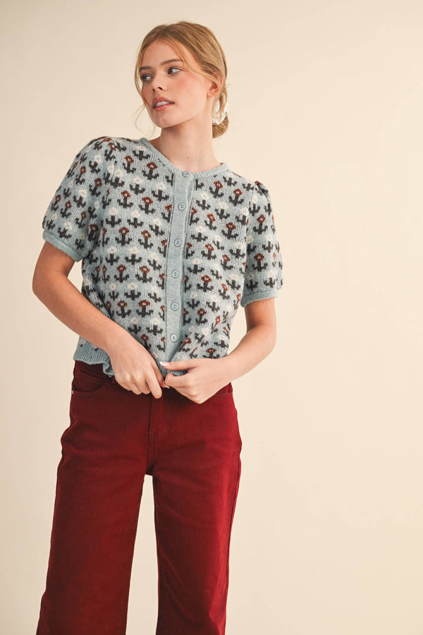 FLORAL SHORT SLEEVE SWEATER CARDIGAN MSW11259-Blue Hand Home