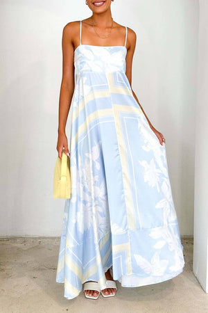2025 Tropical botanical Floral thin strap flare swing dress-Blue Hand Home